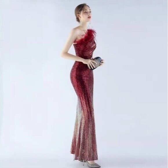 Crimson, One Shoulder Beaded,  Feather Neckline,  Sleeveless,  Sequined Gown - Picture 7 of 14